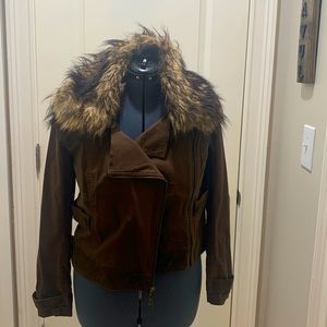 Ella Moss, brown bomber jacket, size Large, with detachable Faux fur collar
